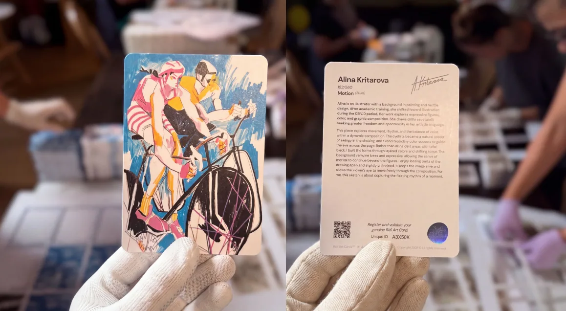Front and back of an Alina Kritarova Art Card held side by side
